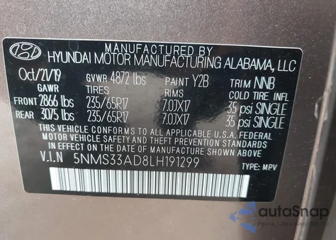 2020 Hyundai Santa Fe Sel z USA, uszkodzony, nr VIN 5NMS33AD8LH191299